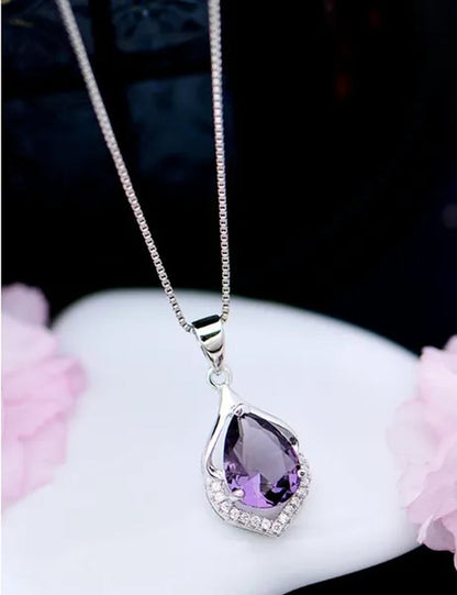 Fashionable and Noble 925 Pure Silver Diamond Lady Necklace Long Pendant Elegant Natural Amethyst Clavicle Chain