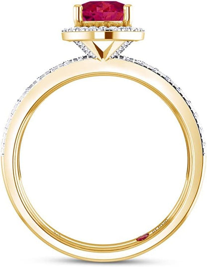 8X6MM Oval Cut Gemstone & Natural White Diamond Halo Bridal Set Engagement Ring in 14K Gold over Sterling Silver Anniversary Wedding Ring (1.40 Cttw) Valentine'S Day Gift for Her