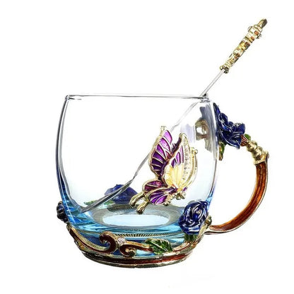Red Blue Rose Enamel Crystal Cup Flower Tea Cup Butterfly Glass Water Cups Flower Mug with Spoon Set Perfect Gift for Lover Wedding