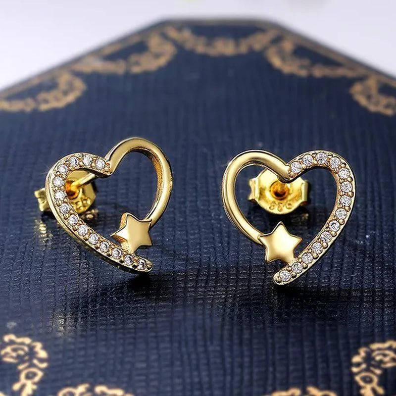 NEW Gold  Love Heart Star White Sapphire Diamond Stud Earrings for Women Wedding Engagement Bride Jewelry Gift