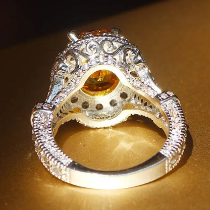 Luxurious  Silver Natural Gemstones Yellow Diamond Topaz Wedding Birthstone Bride Flower Engagement Ellipse Ring Jewelry Size 678910