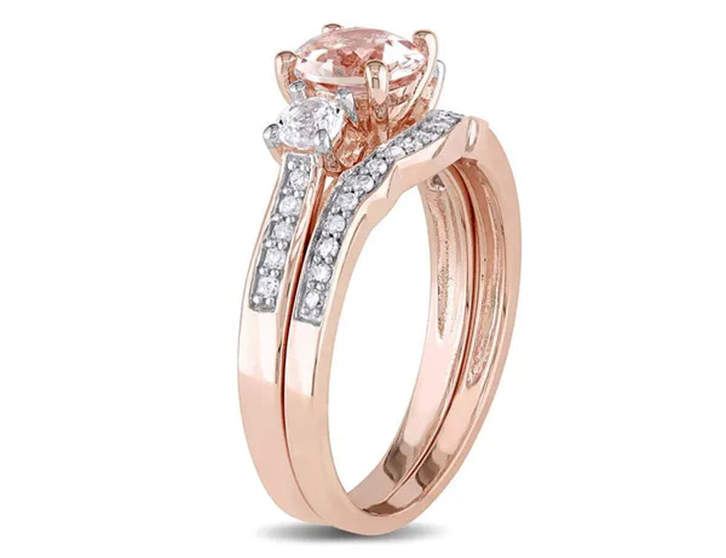 4/5 Carat (ctw) Morganite and Lab-Created White Sapphire with Diamond Bridal Wedding Set Engagement Ring in 10K Pink Go