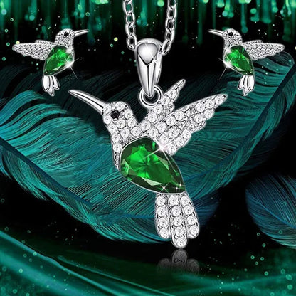 Hummingbird  Silver Jewelry Set Women Pendant Necklace and Stud Earring Set CrystalsFine Animal Jewelry, Gift for Mothers Day