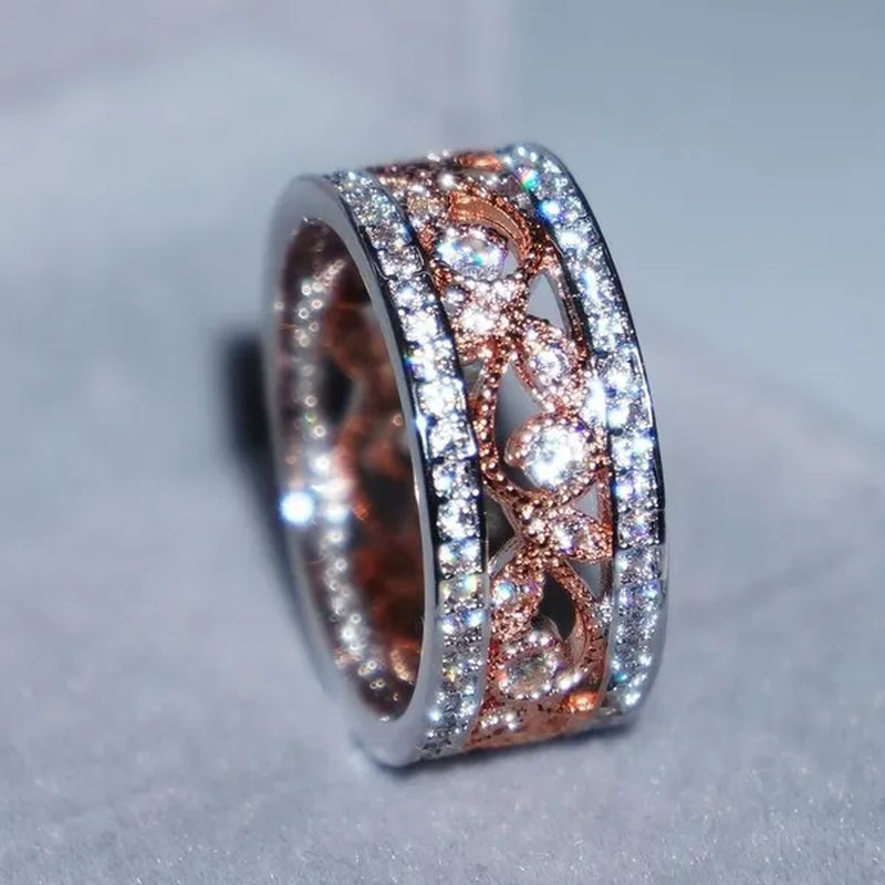 Rose Gold Plated Shiny CZ Flowers Wedding Band White Gold Plated Cubic Zirconia Promise Rings Eternity Jewelry for Women Party Black Friday Deals Fashion Gifts Size 6-9 Christmas & Valentine's Day Jewelry Gifts Vendredi Noir Bijoux