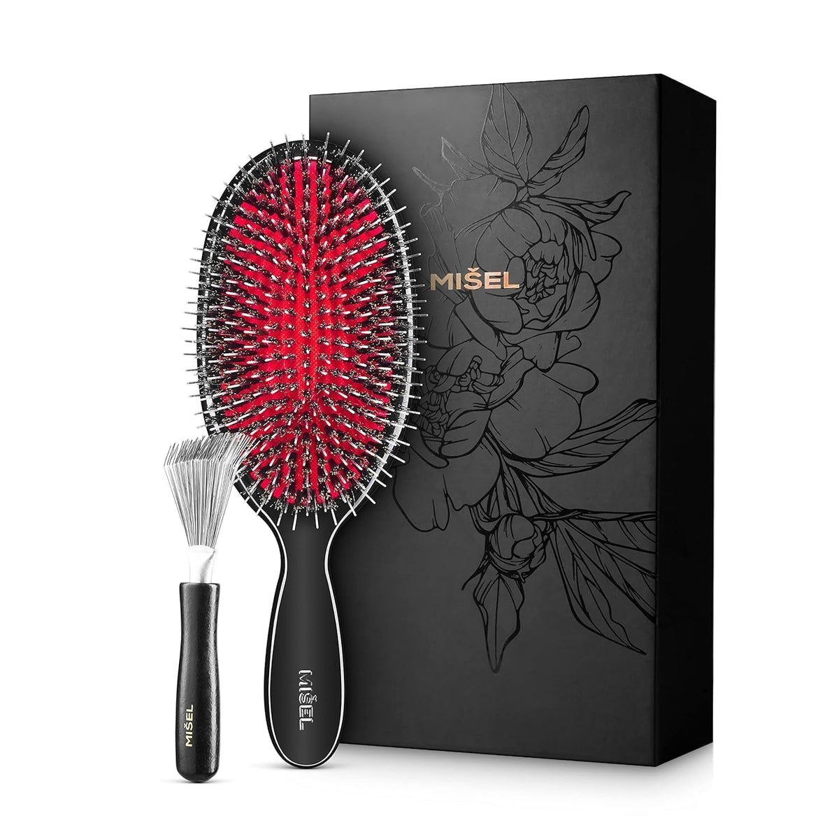 MISEL Boar Bristle Hair Brush and Brush Cleaner Bundle for Women and Men | Detangles Thin or Thick Natural Hair and Hair Extensions | Reduces Breakage | Great for Wavy and Straight Hair | Large