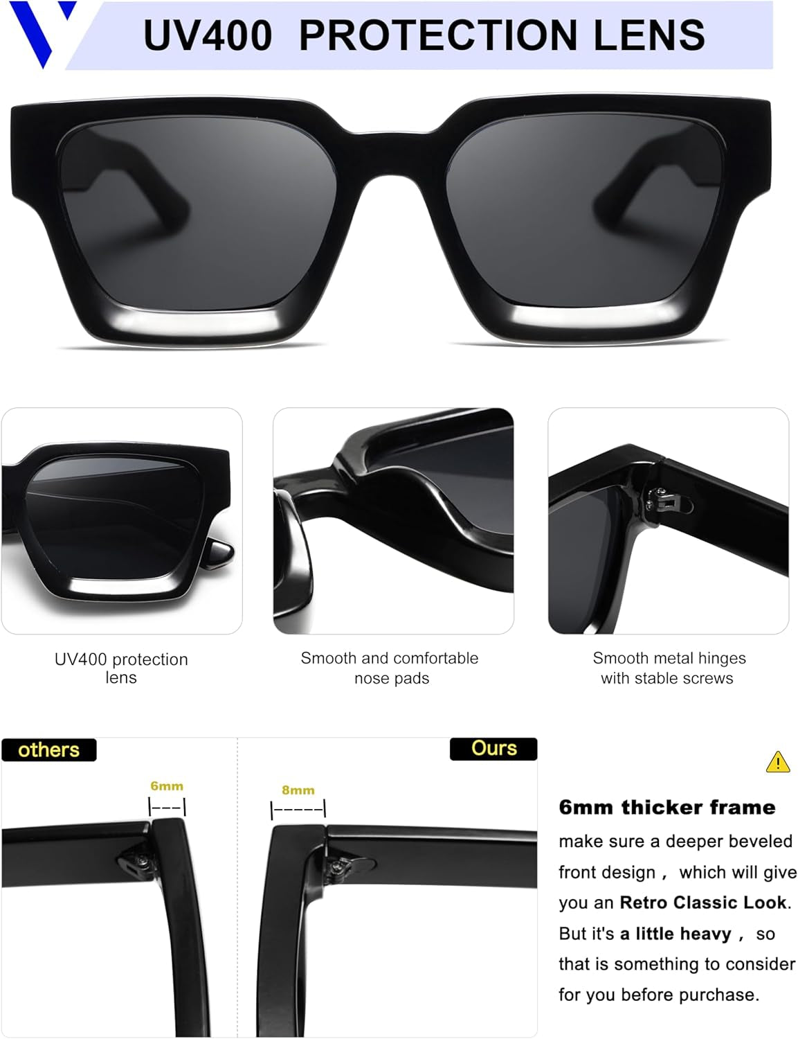 Thick Square Sunglasses for Men Women Retro Chunky Rectangle Shades UV400 Protection VL9731