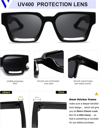 Thick Square Sunglasses for Men Women Retro Chunky Rectangle Shades UV400 Protection VL9731