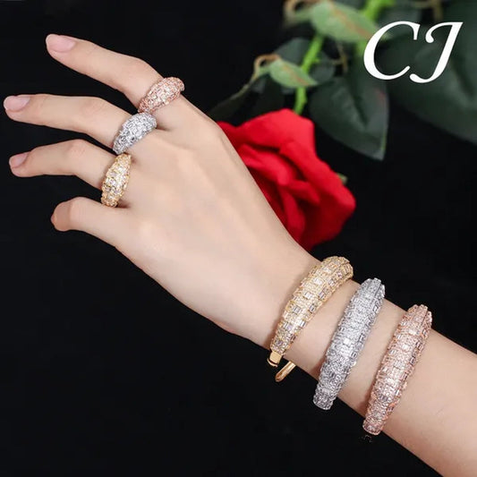 CANDICE Exclusive Design Rose Gold Plated Dubai Wedding Wide Bangle Ring Set Full Hand-inlaid Cubic Zirconia African Bridal Open Cuff Bracelet Jewelry Sets for Women Prom Party