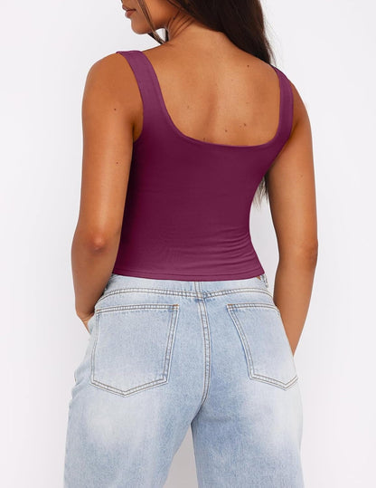 Women'S Square Neck Sleeveless Crop Tops 2025 Cute Double Layer Seamless Slim Fit Y2K Tank Tops