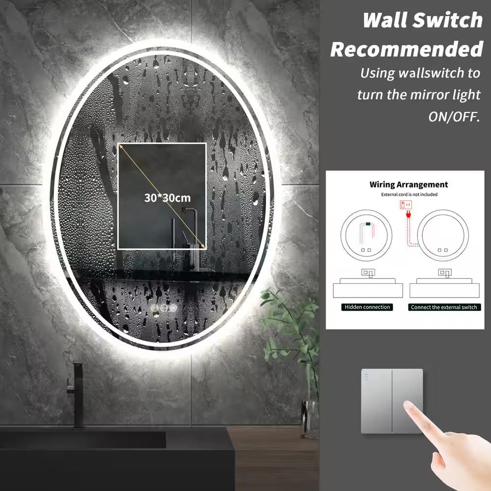 24 In. W X 32 In. H Large Oval Frameless Anti-Fog Backlit 3500-6500K Dimmable LED Wall Bathroom Vanity Mirror Hotel Spa