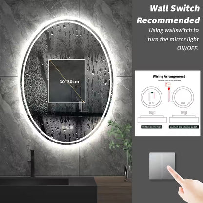 24 In. W X 32 In. H Large Oval Frameless Anti-Fog Backlit 3500-6500K Dimmable LED Wall Bathroom Vanity Mirror Hotel Spa