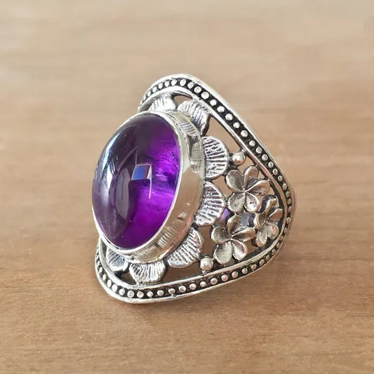 Exquisite Woman Fashion Vintage  Wide Edge Engraved Flower Ring Natural Amethyst Gemstone Ring Engagement Party Bride Wedding High Jewelry Christmas Valentine's Day Gift Ring Size US4-12