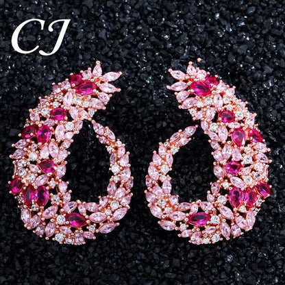 CANDICE Luxury 18K Rose Gold Plated Full Pave Multi Shape Rose Red And Pink Color CZ Zirconia Wedding Big Stud Earrings Romantic Party Jewelry for Brides