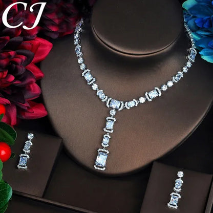 CANDICE Luxury White Gold Plated Bridal Party Jewelry Inlaid AAA Cubic Zirconia Long Drop Dangle Necklace Earrings Set for Women Wedding
