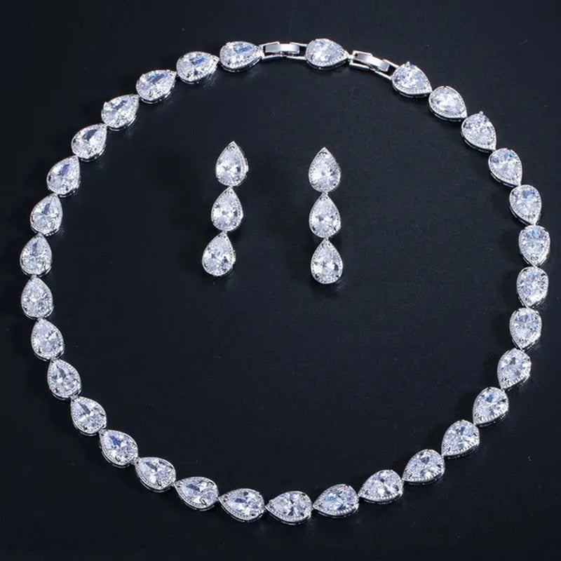 Gloriya Noble Jewelry Set Bridal Accessories High Quality Platinum Plated CZ Water Drop Charm Choker Necklace Earrings for Women Heavy Dinner