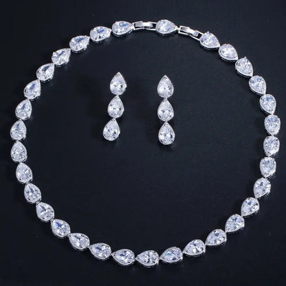 Gloriya Noble Jewelry Set Bridal Accessories High Quality Platinum Plated CZ Water Drop Charm Choker Necklace Earrings for Women Heavy Dinner