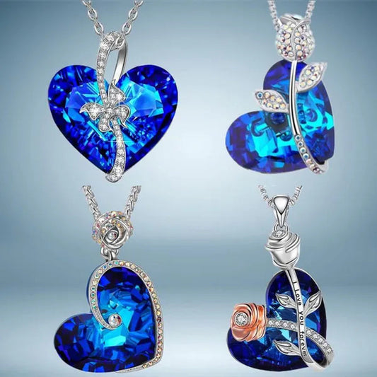 Fashion Heart Blue Crystal Necklace Double Layer Rose Zircon Pendant Engagement Necklaces for Women Rose Jewelry Birthday Party Anniversary Gift