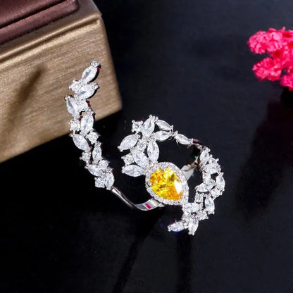 CANDICE Designer Women Wedding Band Finger Jewelry Luxury White Gold Plated Inlaid Shiny AAA Zirconia with Yellow Waterdrop Stone Opening Adjustable Ring for Bride