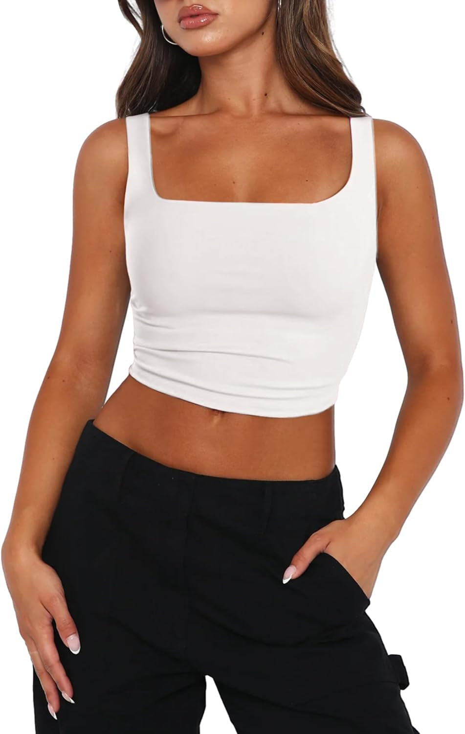 Women'S Square Neck Sleeveless Crop Tops 2025 Cute Double Layer Seamless Slim Fit Y2K Tank Tops