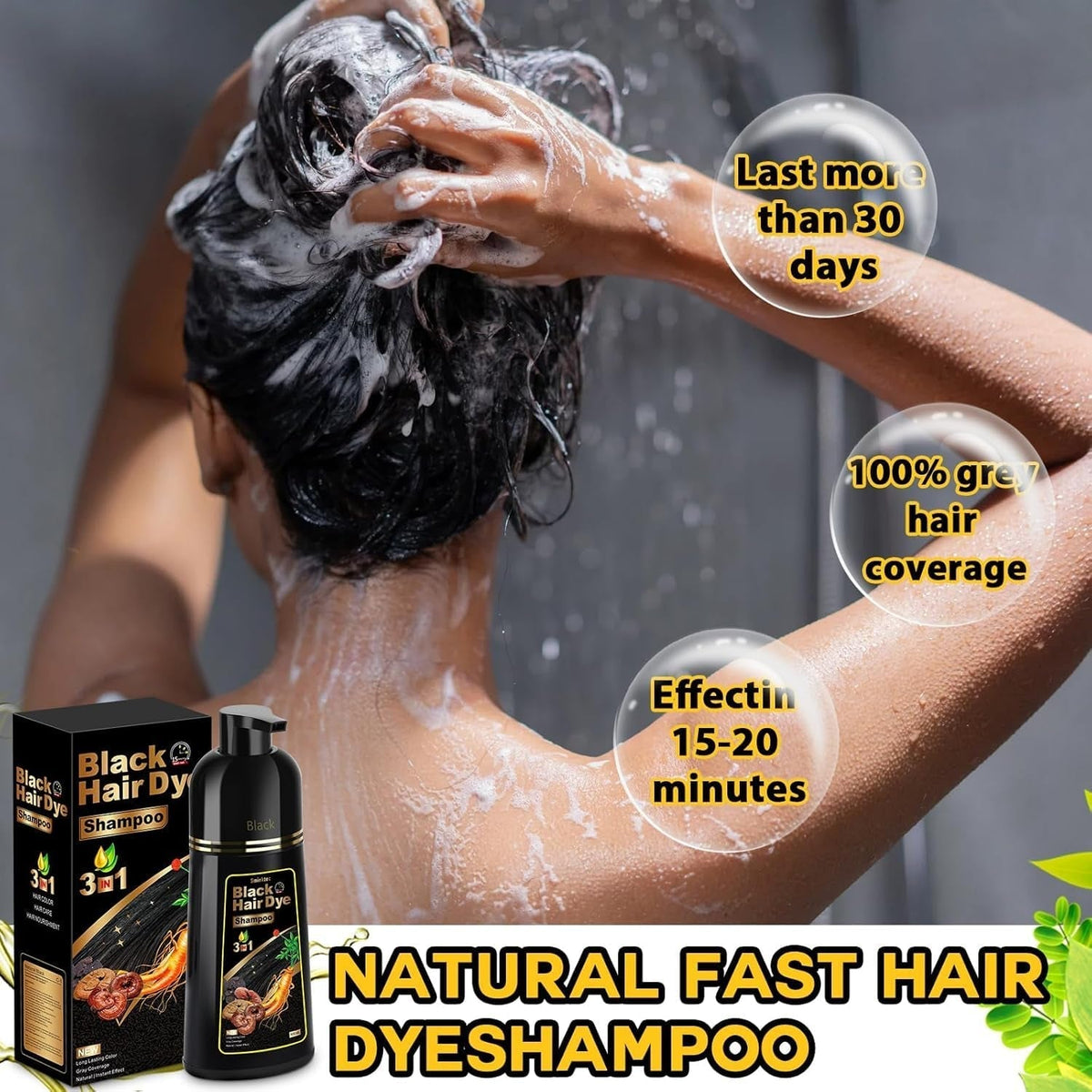 Black Hair Dye Shampoo for Gray Hair, 3 in 1 Black Hair Dye for Women Men, Herbal Gray Coverage, 500Ml (Black)