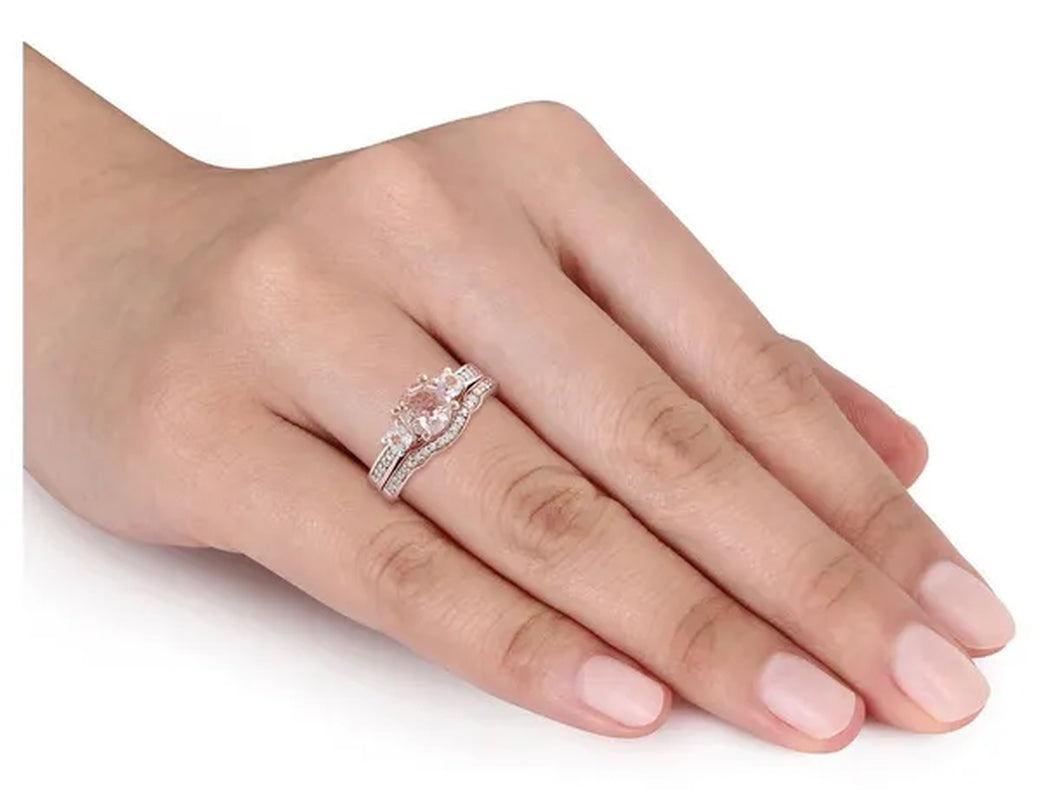 4/5 Carat (ctw) Morganite and Lab-Created White Sapphire with Diamond Bridal Wedding Set Engagement Ring in 10K Pink Go