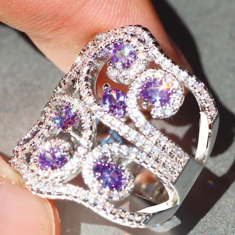 Silver White Sapphire & Tanzanite Birthstone Gemstones Engagement Wedding Anniversary Heart Ring