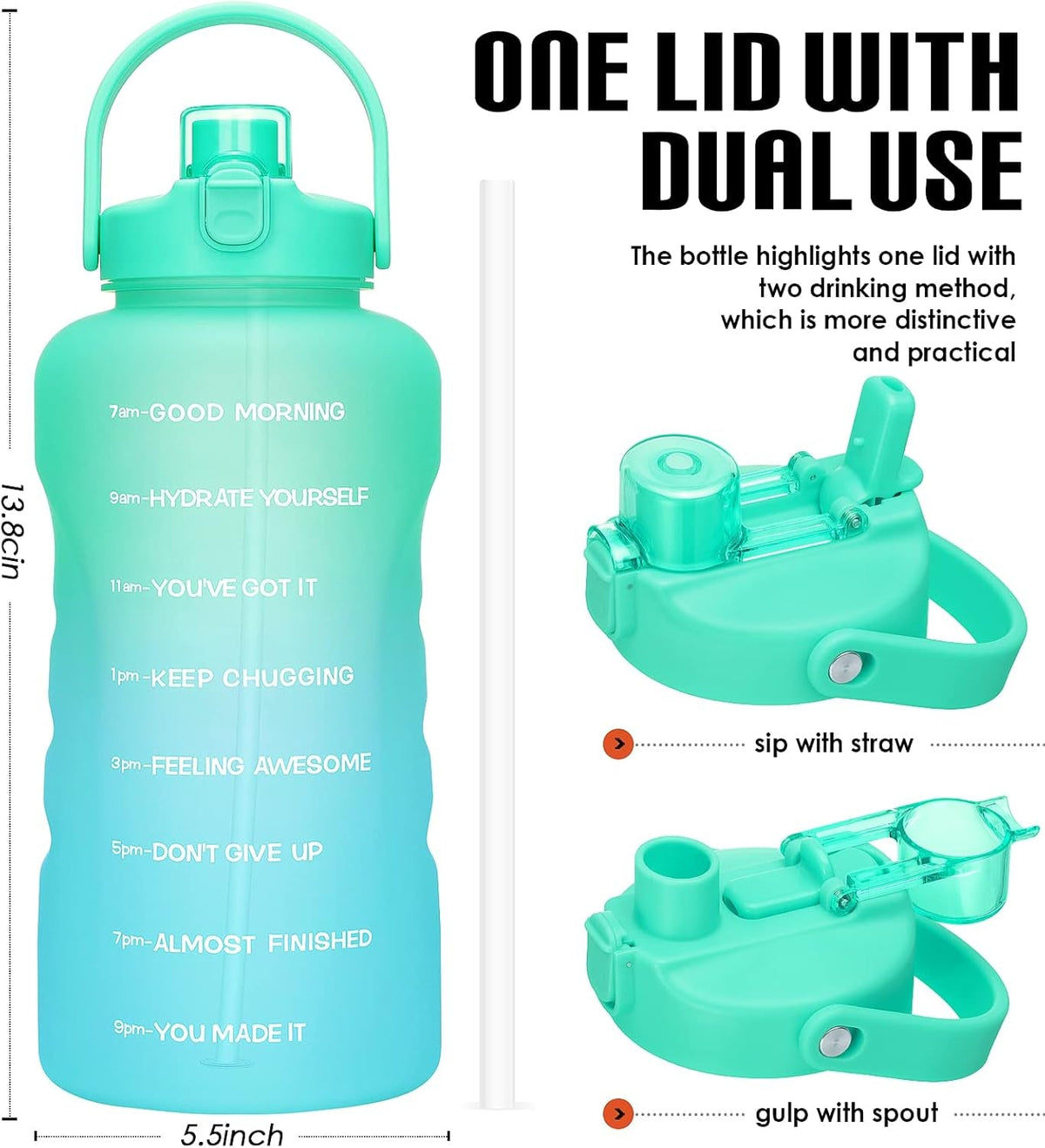 1 Gallon Water Bottles with Straw, 128 Oz / 3.8L Water Bottle BPA Free Innovative 2-IN-1 Lid Gym Bottle with Times to Drink Motivational, Large for Sports Fitness Camping Water Jug One Gallon