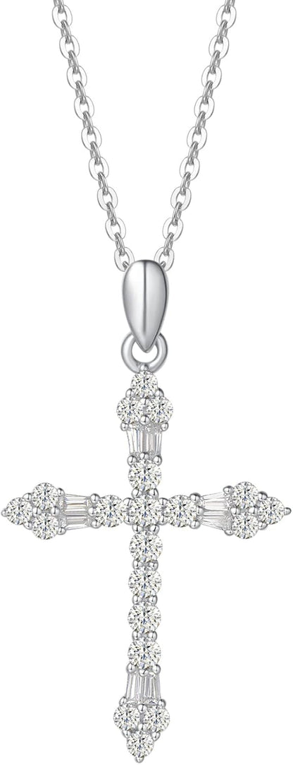Cross Necklace for Women 925 Solid Sterling Silver Cubic Zirconia Flower Budded Cross Princess Pendant for Women, 18" Extender