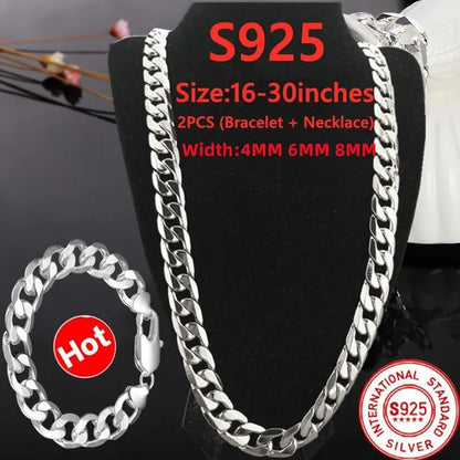 925 Sterling Silver Jewelry Set Flat Sideways Necklace Bracelet Chain for Men and Women-Fashion Wedding Engagement Jewelry-Genuine Sterling Silver
