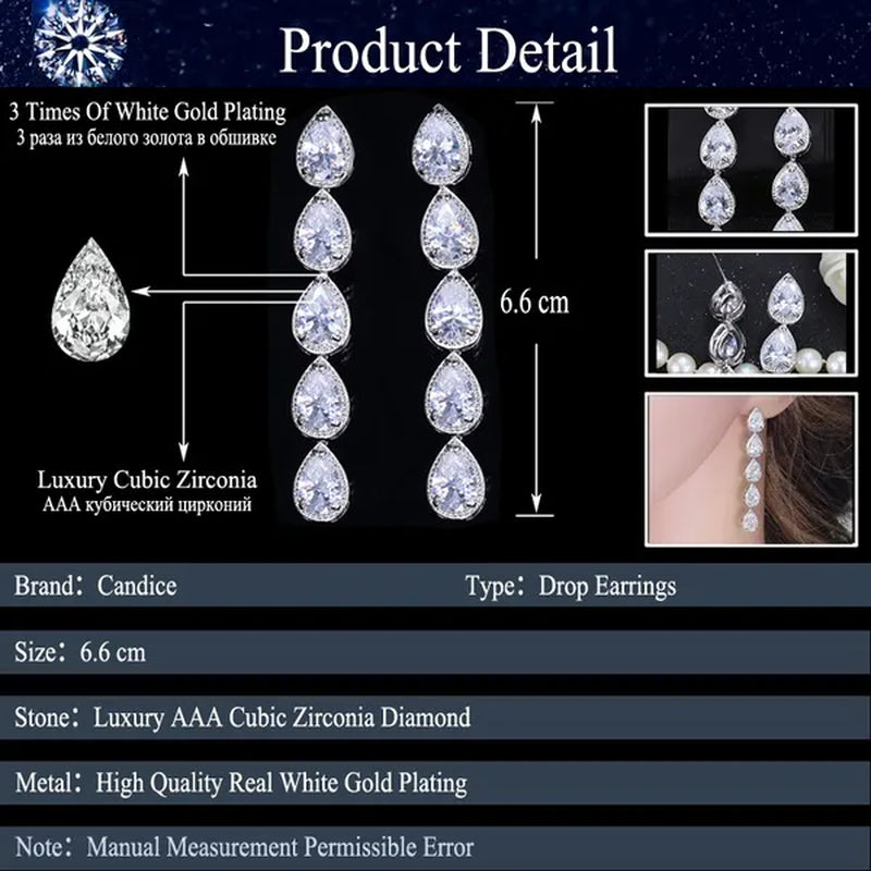 Candice High Quality Long Dangling Earrings Connect 5 Pcs Water Drop AAA CZ Zirconia White Gold Plated Luxury Wedding Ear Jewelry for Bridal Accessorise