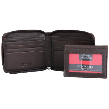 Monterrey Collection Brown Leather RFID Secure Zippered Wallet with Removable Passcase