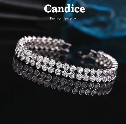 CANDICE Elegant 2 Row Cubic Zirconia Design Sterling Silver Plated Tennis Bracelet& Bangle for Women Gift