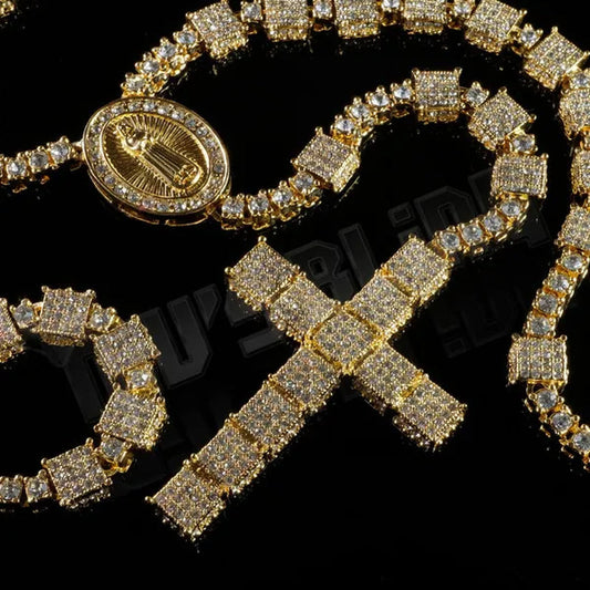 Men's 14k Gold CZ Iced Simulated Diamonds ROSARY SQUARE Jesus Cross Pendant 30" Chain Necklace