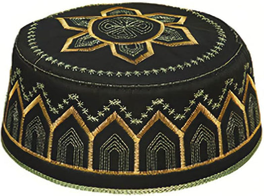 Men Muslim Prayer Kufi Hat, Islam Skull Embroidery Cap Beanie Hat Prayer Headwear Ramadan Eid Gift(Green Black)