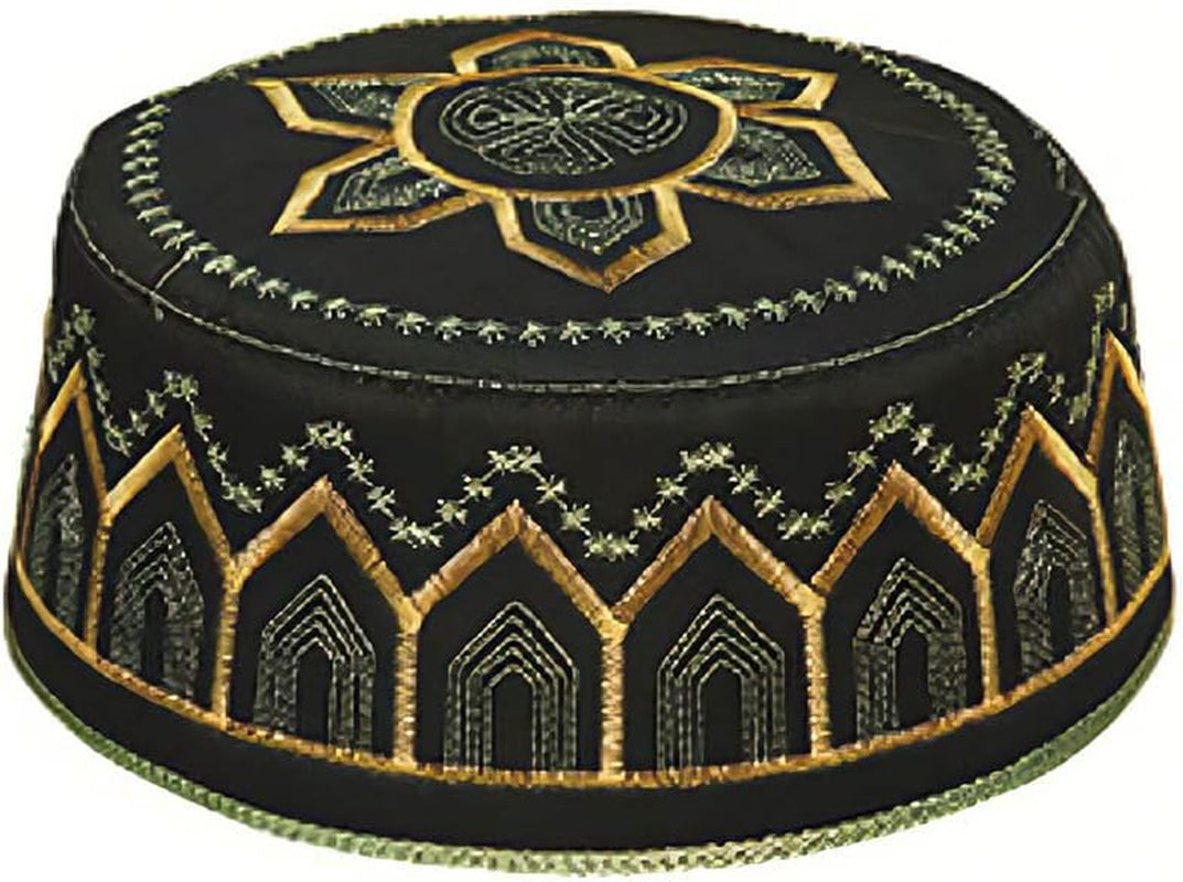 Men Muslim Prayer Kufi Hat, Islam Skull Embroidery Cap Beanie Hat Prayer Headwear Ramadan Eid Gift(Green Black)
