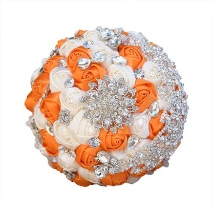 18CM Luxury Crystal Brooch Bride Bouquet Holding Flower Ribbon Lace Wedding Bouquet Artificial Simulation Rose Wedding Flower Bridesmaid Bouquet
