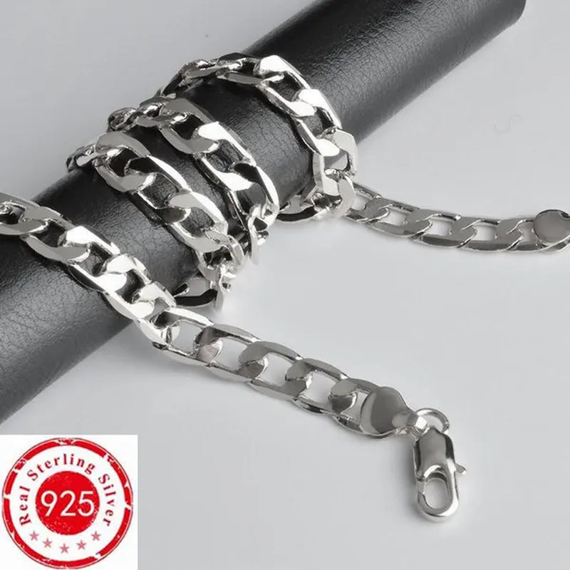 2PCS (Bracelet + Necklace) 925 Sterling Silver Smooth Flat Sideways Chain Necklace Fashion Luxury Exaggerated 16"-30" Fashion Exquisite Jewelry Sets for Women and Men