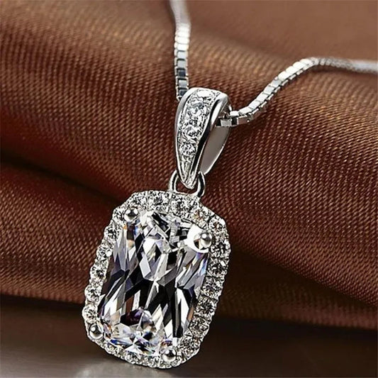 New Style Fashion Necklace for Women Silver Plated Lab Diamond 4 Prong Setting Cushion Cut White Sapphire Pendant Necklace