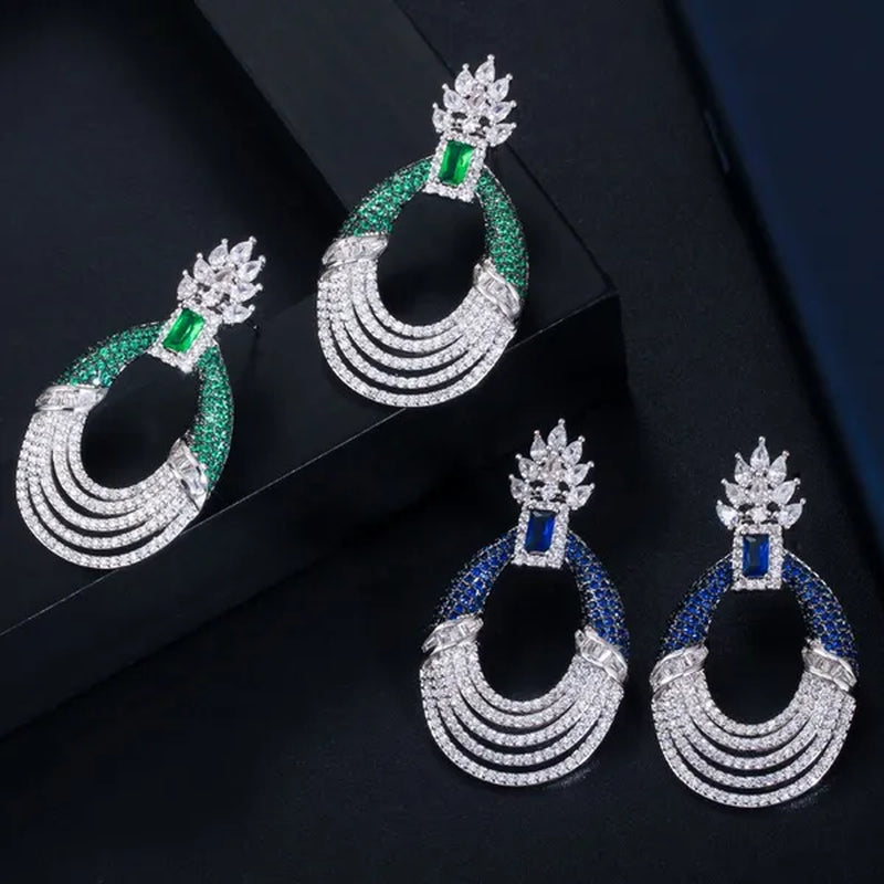 CANDICE Luxury Jewelry Setting Blue Cubic Zircon Silver Plated Statement Trendy Hollow Carved Earrings for Women Brincos