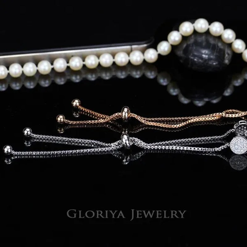 Gloriya Glitter 5 Pcs Round Shaped Full Micro Inlay Tiny CZ Zirconia Designer Bar Slider Bracelet Women Jewelry With White Gold Plated（Size :Adjustable）