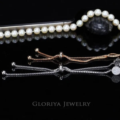 Gloriya Glitter 5 Pcs Round Shaped Full Micro Inlay Tiny CZ Zirconia Designer Bar Slider Bracelet Women Jewelry With White Gold Plated（Size :Adjustable）