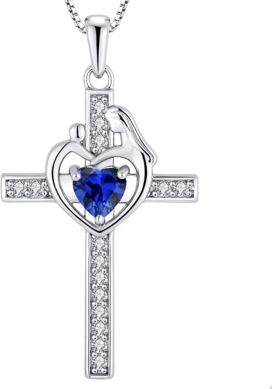 Mom Cross Necklace 925 Sterling Silver Mother Pendant Birthstone Mum Jewelry for Women