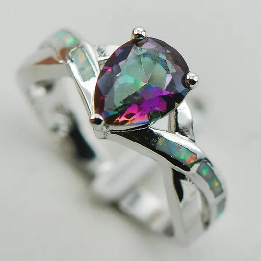 Rainbow Topaz White Fire Opal 925 Sterling Silver Ring Size 6 7 8 9 10 R1231
