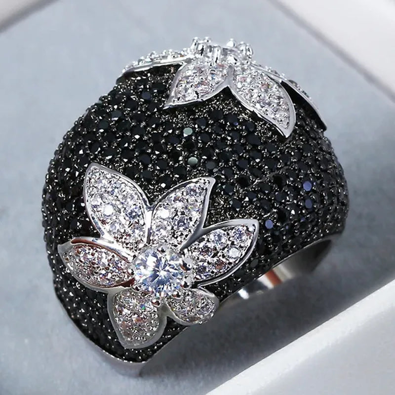 Women's Fashion Jewelry 925 Sterling Silver White and Black Sapphire Engagement Ring Size 6 7 8 9 10