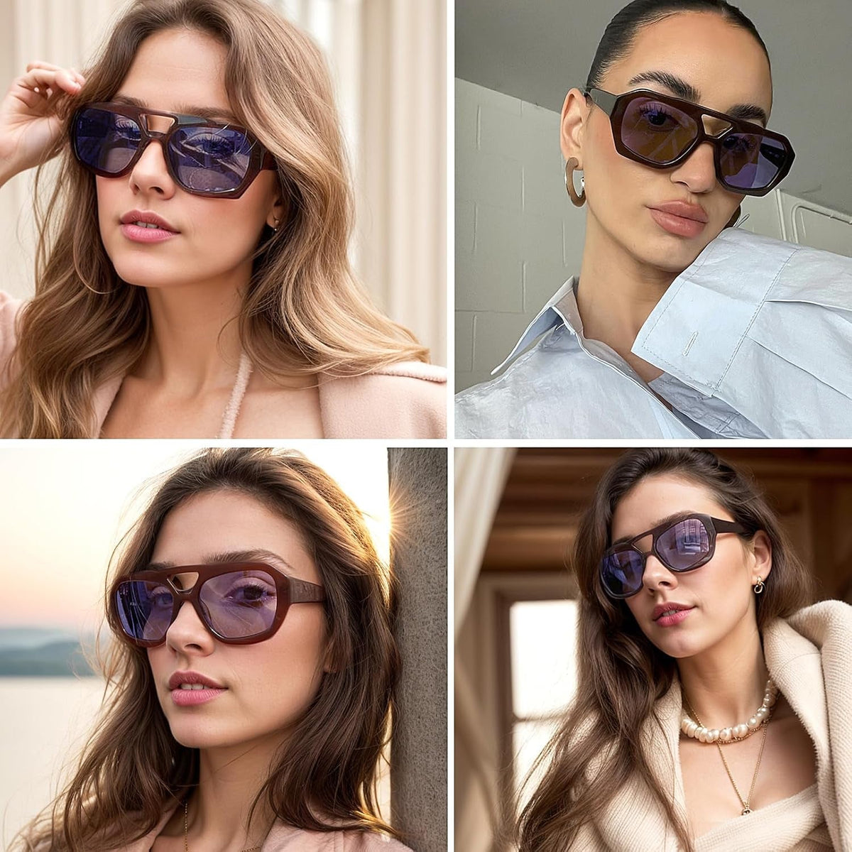 Trendy Designer Inspired Aviator Sunglasses for Women Men Hexagonal Square Thick Frame Double Bridge Sun Glasses