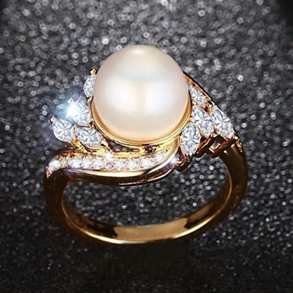Gold Womens Girls Band Ring for Wedding Promise Engagement Copper Cubic Zirconia Freshwater Cultured Pearl Ring Size 5-12