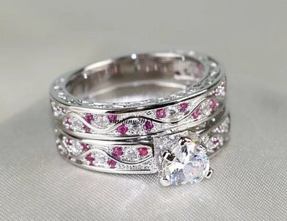 TWO RINGS Sz6-12 Couple Rings His Hers Ruby Heart Shape Cz Womens Ring Tungsten Steel Ring