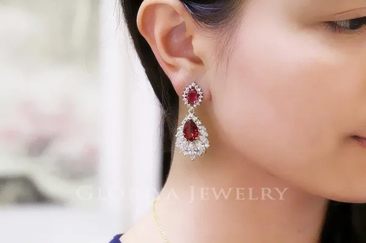 Gloriya Vintage Exquisite Marquise Silver Plated Jewelry Tear Drop Green Wedding Long Hanging Earrings with CZ Zirconia for Bride