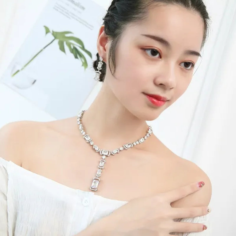 CANDICE Luxury White Gold Plated Bridal Party Jewelry Inlaid AAA Cubic Zirconia Long Drop Dangle Necklace Earrings Set for Women Wedding