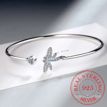 925 Sterling Silver Crystal Butterfly/Dragonfly/Heart Charm Bangles For Women Bracelet &Bangle Wedding Birthday Party Jewelry